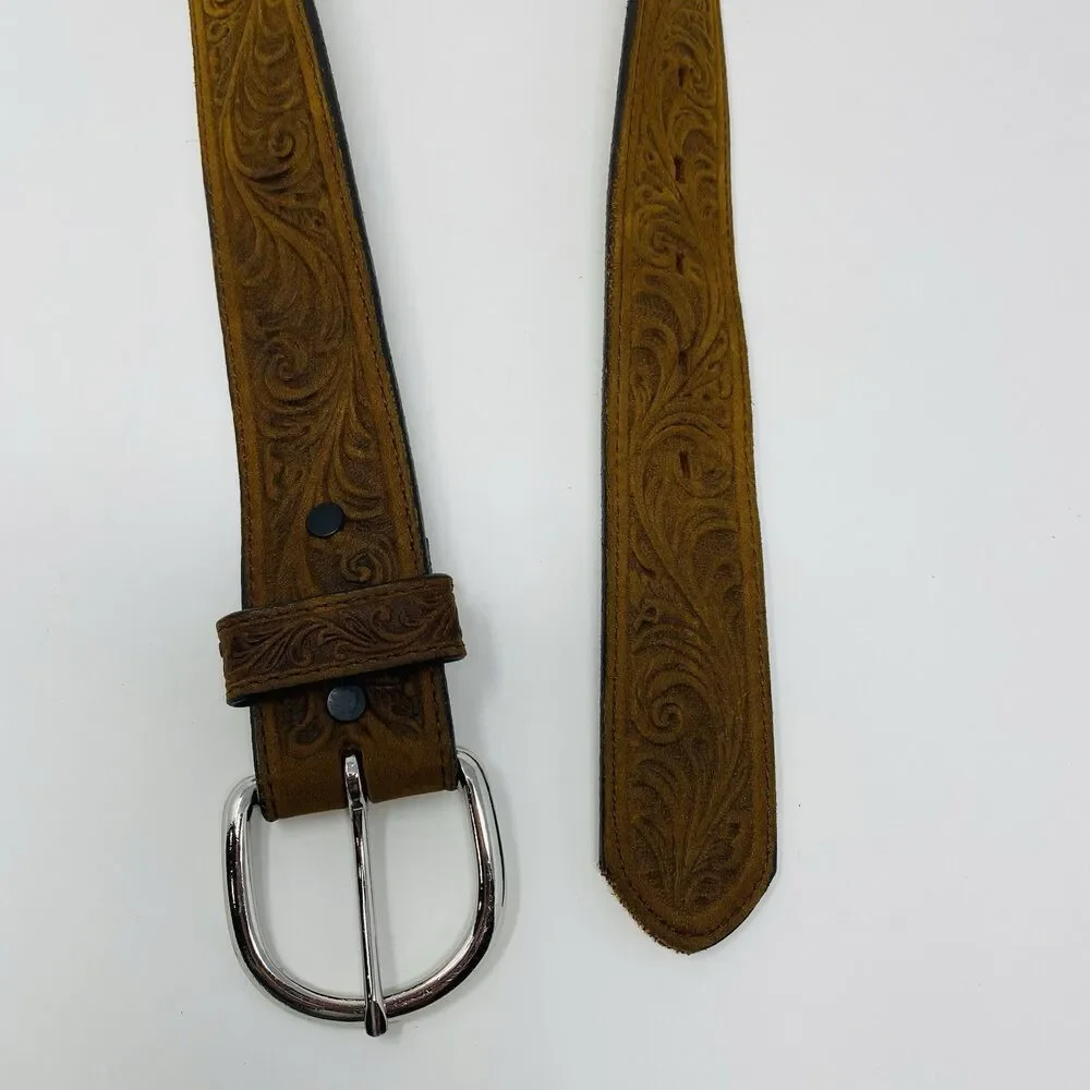 Justin Men's 30 USA Tan Belt Western Scroll Tooled Top Grain Soft Leather Cowboy